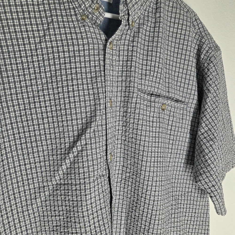 Columbia Men's Vintage Gray Plaid Cotton Seersucker Button Short Sleeve Shirt XL